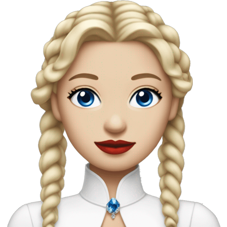 woman with blue eyes blonde har over one of her shoulders with a small braid in some of her hair, red lips, eyeliner, necklaces, white dress, black gloves emoji