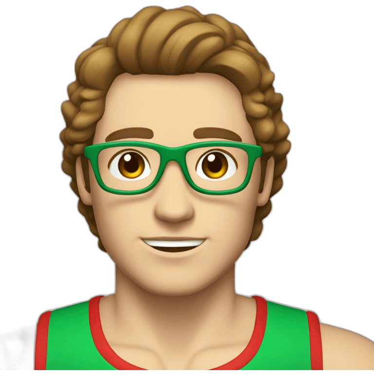 retro 70s red and green gym clothes for a modern white brunette uni male student with glass emoji