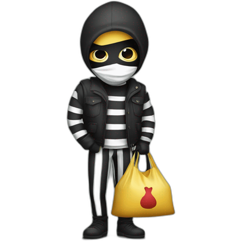 a bandit in striped clothes and a black mask over his eyes, carries a bag of money behind his back emoji