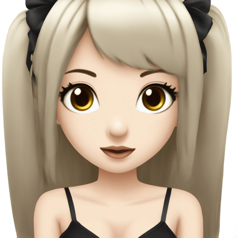 hime gyaru girl with LONG SILKY BLACK HAIR, with black satin halter top with chest, very pale skin and pretty brown monolid eyes emoji