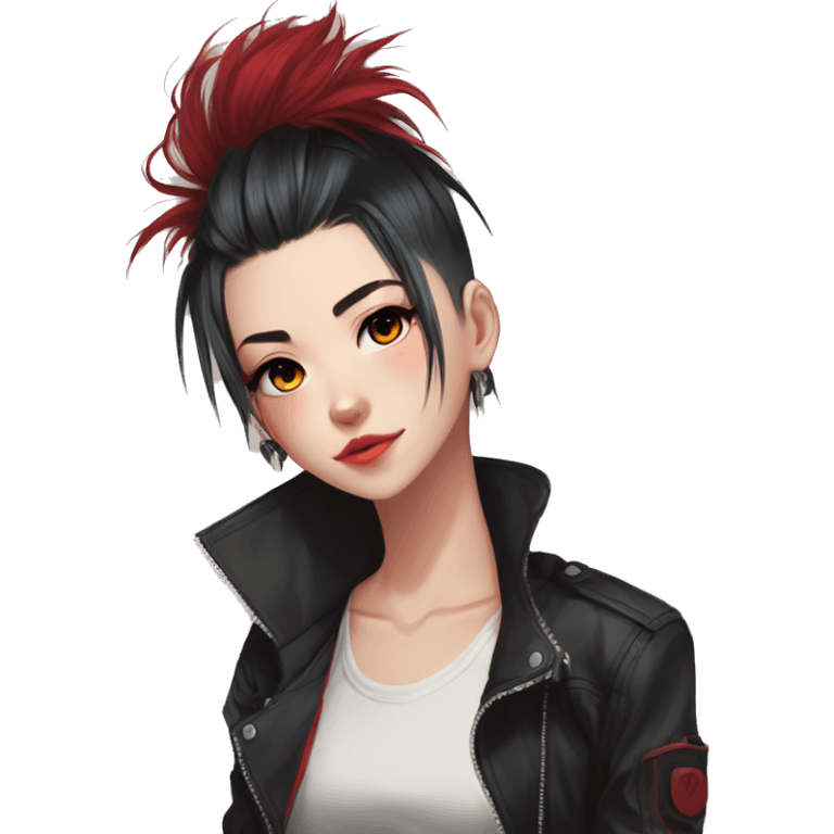 Gorgeous anime style tomboy-lady with blushing face aesthetic and pretty edgy black red punk hair with hair garment trending style emoji