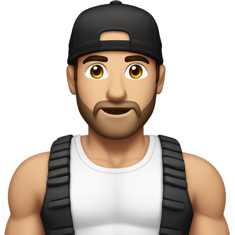 Muscular Alex Hormozi with a black cap and a white tank top emoji