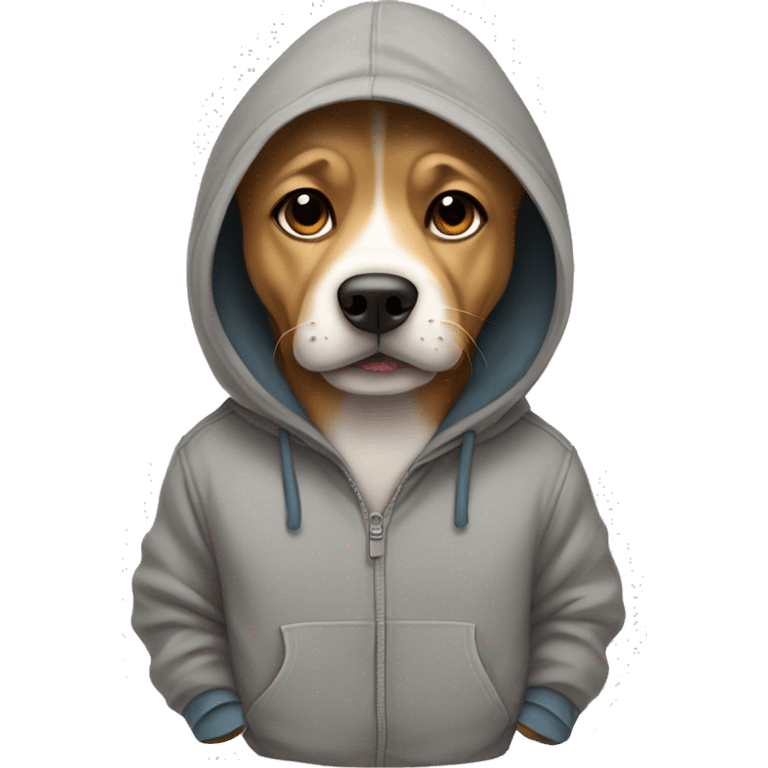 Dog wearing hoodie with hood on and paws in his hoodie pockets emoji