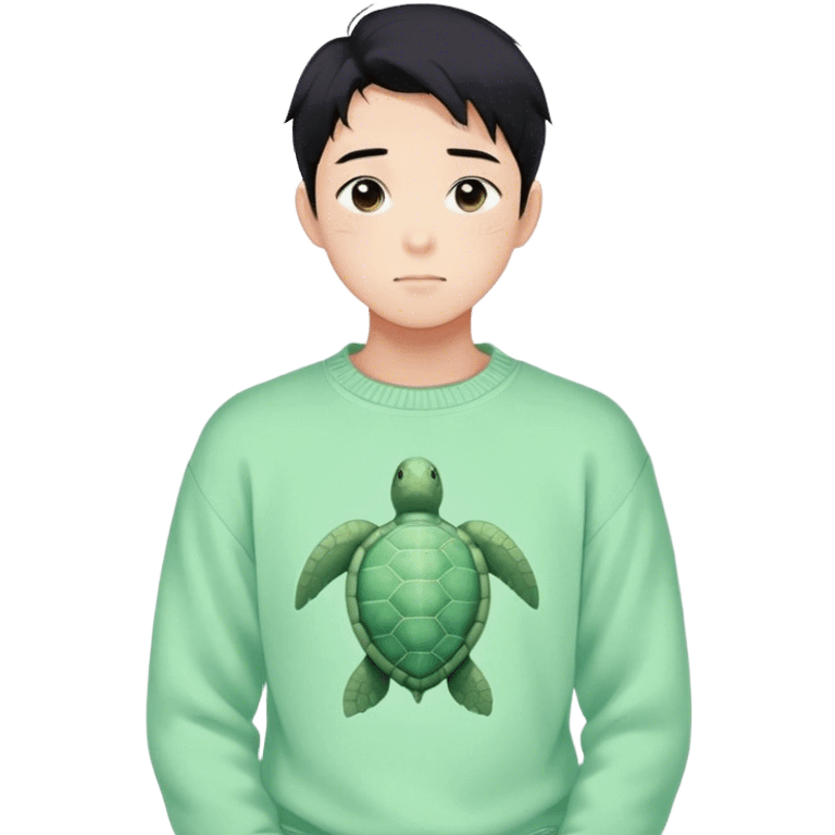 Gorgeous pastel green sweater black hair anime style shojo guy with blushing face and, turtle, aesthetic, young adult, trending style outside  emoji