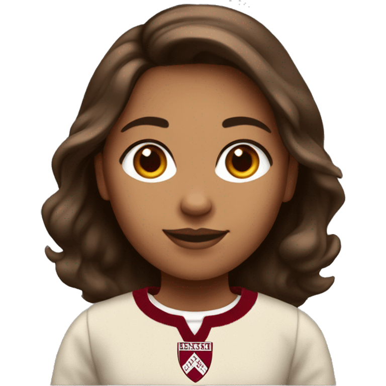 Girl with tan skin and brown hair wearing a dark red and white Harvard University sweater emoji