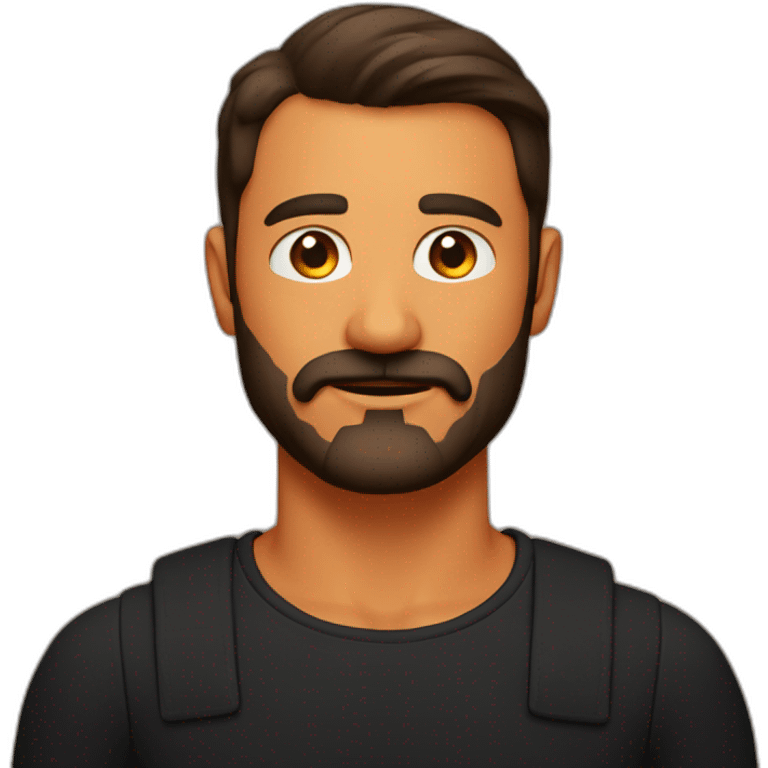 Shoulders to head man emoji with dark brown hair and beard with mustache brown eyes wearing black shirt on bright orange background emoji