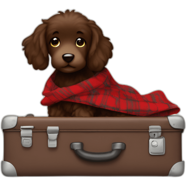 Chocolate colored doodle wearing a red and black flannel handkerchief with a carryon suitcase emoji