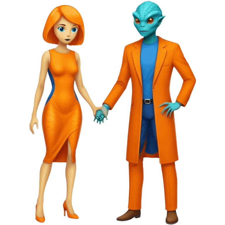 A reptilian alien woman in orange dress and human man in blue dress emoji