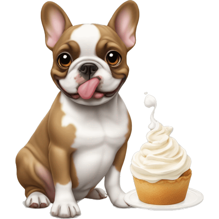 Fawn pied French bulldog eating whipped cream emoji