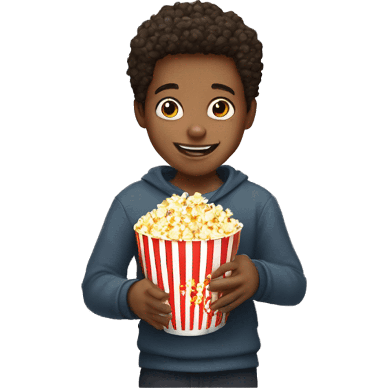 a young boy holding a cup of popcorn and sayin hi emoji