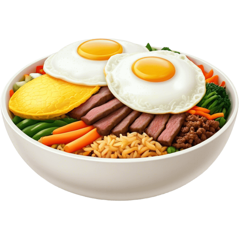 Cinematic Realistic Bibimbap Dish Emoji, showcasing a colorful bowl of mixed rice, assorted vegetables, beef, and a fried egg rendered with lifelike detail and vibrant, harmonious lighting. emoji