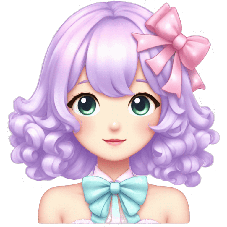 Gorgeous pastel anime style lady with blushing face with sparkly bow tie idol model cottagecore fairycore pastelcore shiny colorful pearly petite simplistic aesthetic trending style emoji