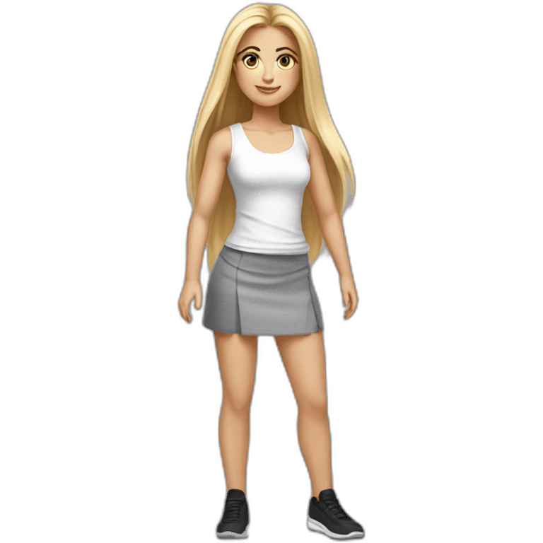 caucasian woman, with long straight hair, blonde hair, brown eyes, white tank top, gray tight mini skirt, black shoes, realistic drawing emoji