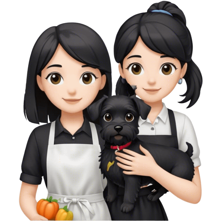 pale smiling girl with long back hair wearing black long shirt wearing apron holding black  schnauzer emoji