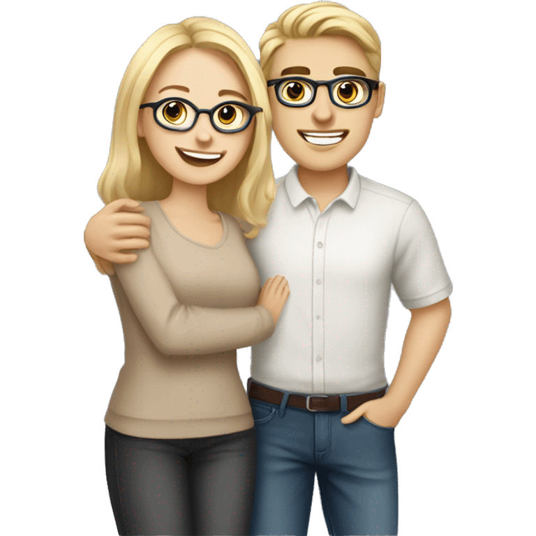 hugging couple, pretty young blonde woman with fair skin and handsome brunette wearing transparent glasses with light skin color emoji