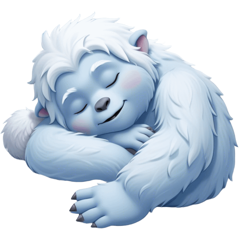 Meme-Worthy Cute Sleeping Yeti Portrait Emoji, with a charming, fluffy, snow-dusted figure in gentle whites and cool blues, head resting in blissful, serene slumber with closed, peaceful eyes and a small, contented smile, simplified yet irresistibly adorable, highly detailed with a soft frosty outline that captures the tender drowsiness of a yeti drifting into snowy dreams! emoji