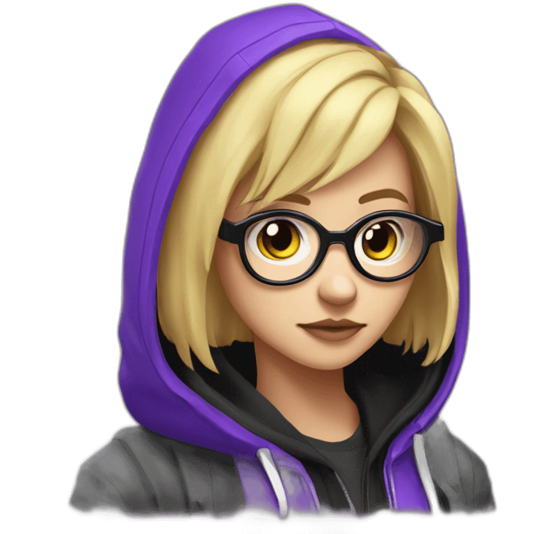 Girl blond artist with round glasses left side behind his laptop with this style: valorant riot Game purple character purple black hooded hacker themed character emoji