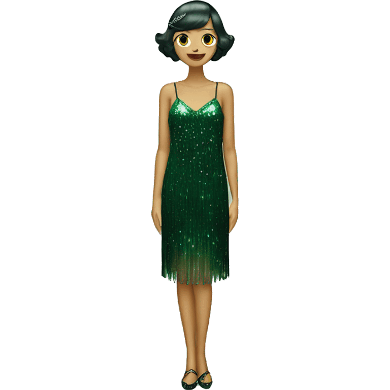 Just a dress, no person. One dark green sparkly flapper style dress with thin straps emoji