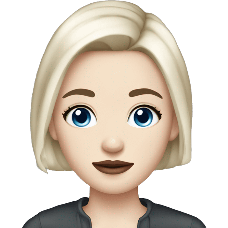 young woman with pale skin, blushed cheeks, big blue eyes, thin lips, short black hair,long lashes,a bit eyeline emoji