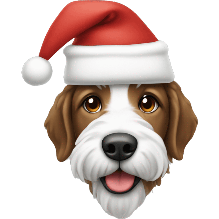 Brown and white Doodle wearing Santa hat emoji