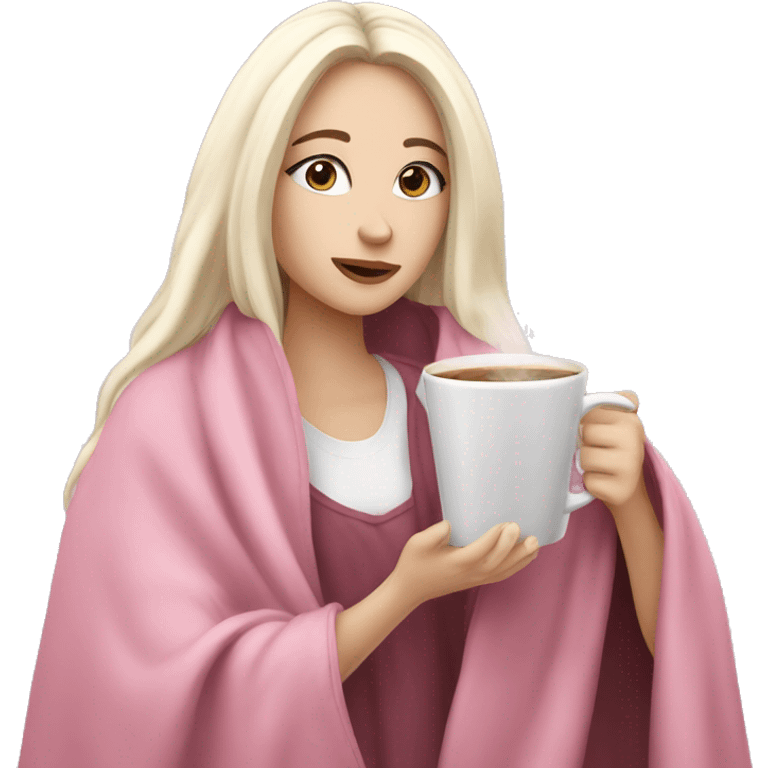 A pretty white girl with very long black hair  in a pink blanket sipping coffee emoji