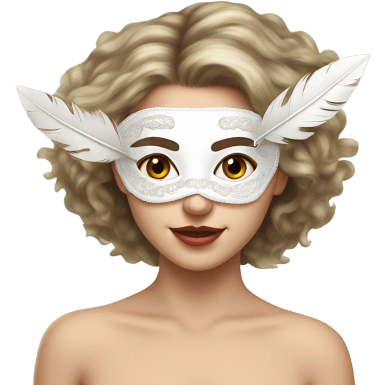 A white-skinned girl takes off her fancy dress mask with feathers emoji