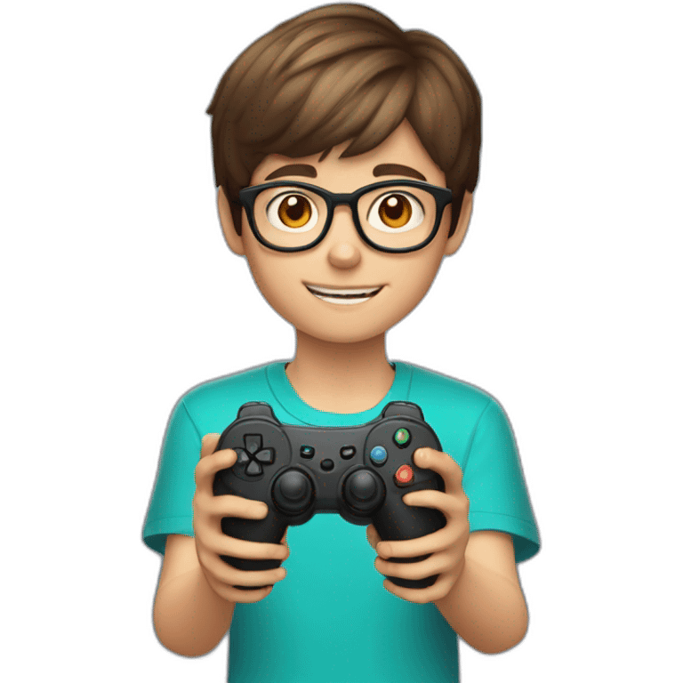 A 12-year-old boy with short brown hair and glasses holds a joystick in his hands emoji