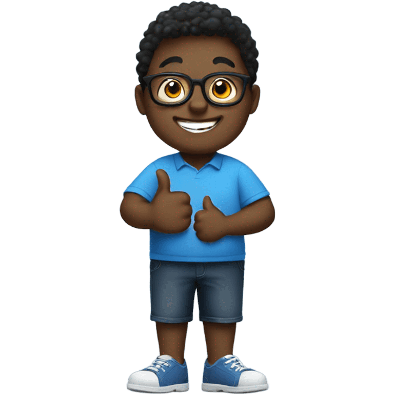 Black chubby boy with glasses smiling giving thumbs up with blue shirt that says I love God emoji