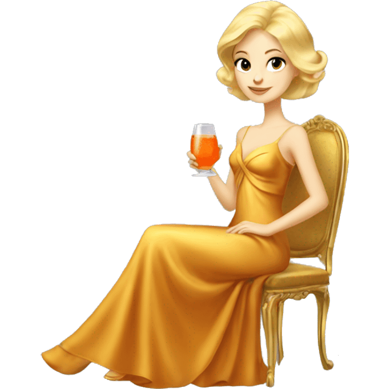 beautiful blond princess in a golden dress drinking aperol emoji