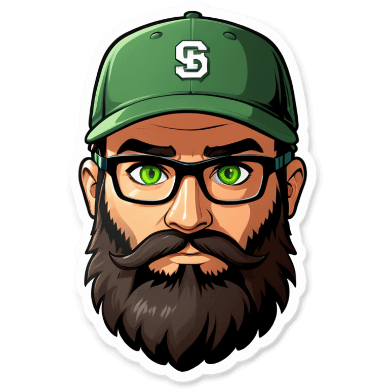 A man with a grey baseball cap, green eyes, big dark brown beard and glasses, gamers headset emoji