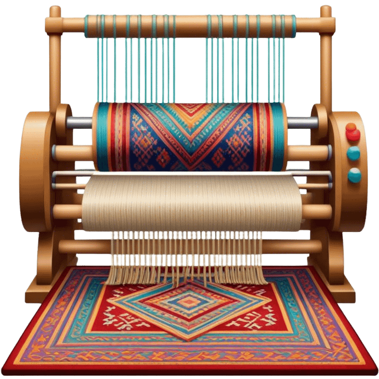 Carpet weaving icon, finished woven carpet with intricate patterns, colorful threads, weaving loom in background, minimalistic style, clean lines, transparent background. emoji