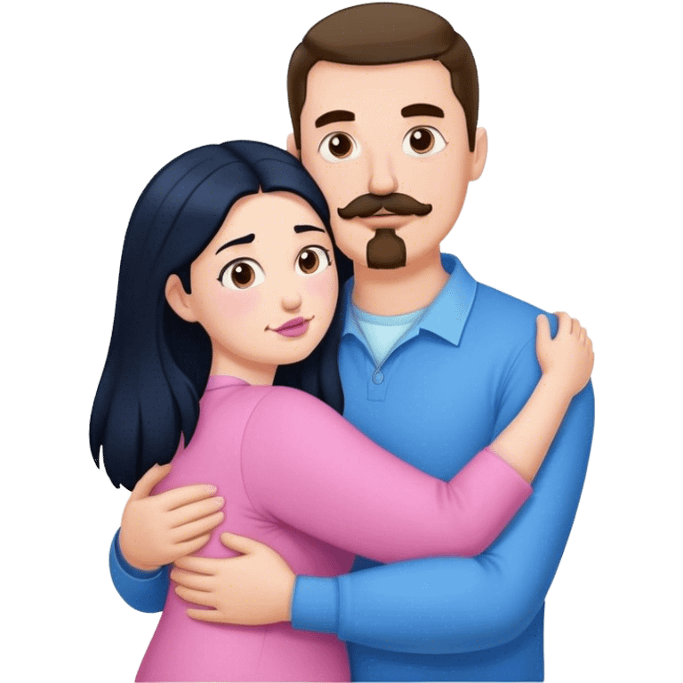 Tall strong white man with brown mustache goatee wearing blue hugging a chubby short pale woman with long black hair wearing pink emoji