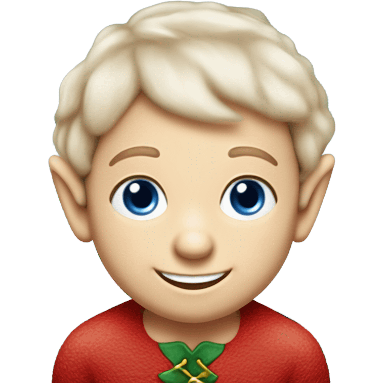 Cute elf on the shelf boy with pale skin, a mischievous smile, rosy cheeks and big blue eyes emoji