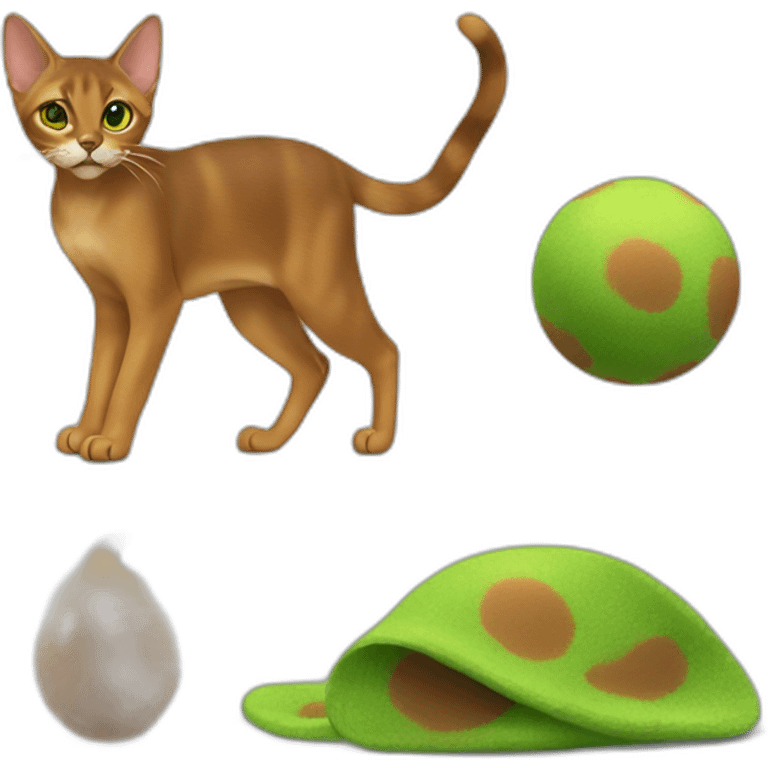 Abyssinian cat play with a smallgreen fur ball emoji