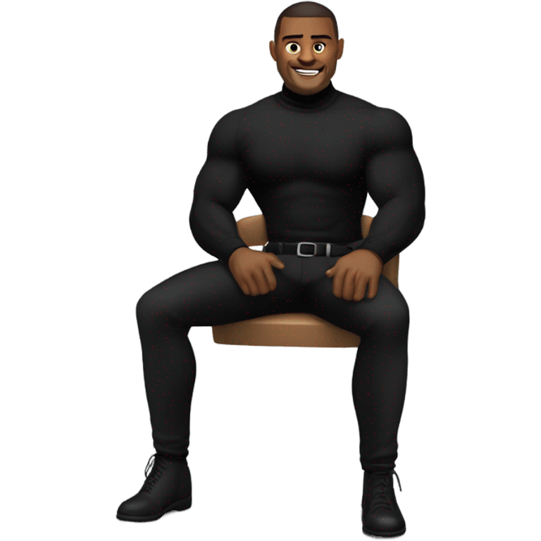 muscle man in black turtleneck shirt and black pants sitting in chair without handles emoji