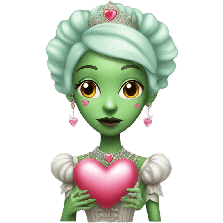 a green amazon alien woman in Victorian white gold, pink hair full body,holdig red big hearth emoji