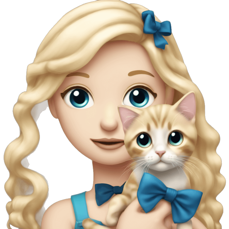 pale blonde girl with long rosy blonde hair with blue eyes and wearing a black bow holding a calico kitten emoji