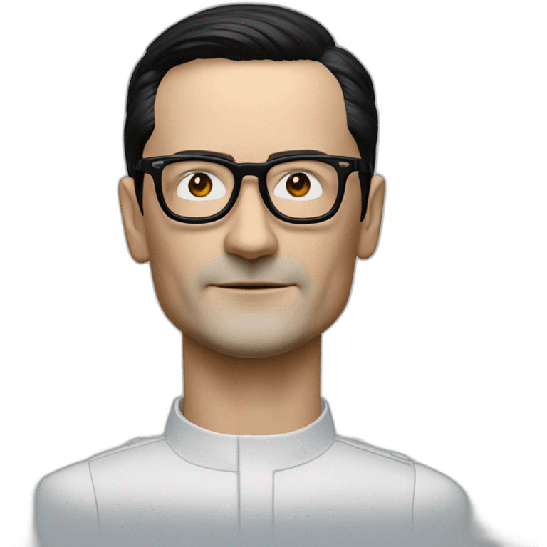 Hyper realistic Ralf Hutter from Kraftwerk, short straight black hair, black glasses, thin, riding open top black tesla model 3 emoji