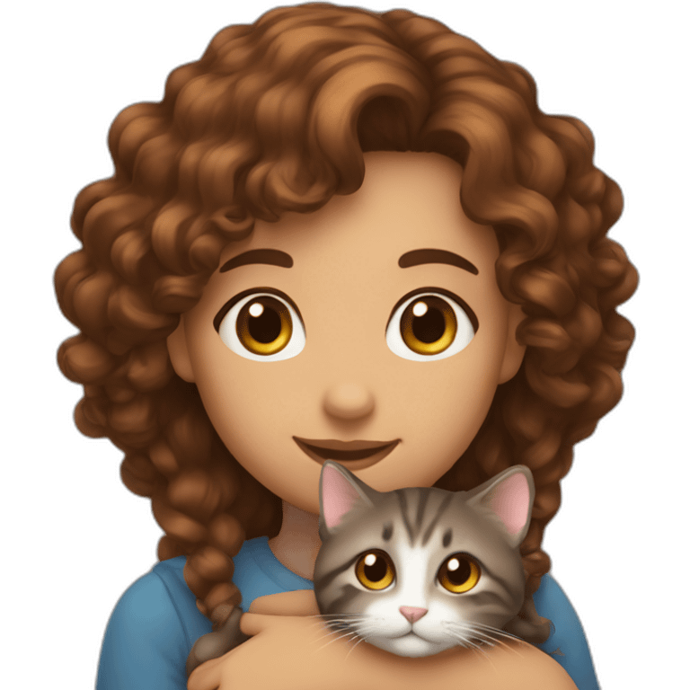 Girl long curly brown hair smiling et tenant brown eyes and holding a cat in her arms emoji