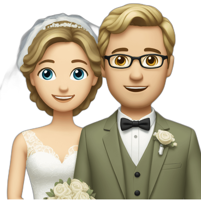 Wedding couple. Bride has brown hair pinned up. She wears lace dress. She has blue eyes. Groom has olive green suit and brown vest. He has blond hair. He wears glasses. He has blue eyes too. emoji