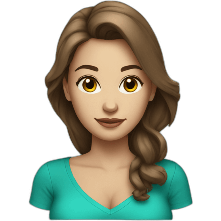 Beautiful brown hair woman light skin large breasts turquoise v-neck shirt emoji