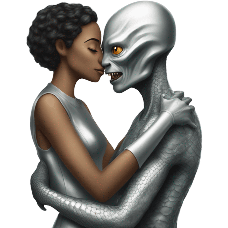 https://www.emojis.com/emoji/man-2JXaa2N7QE9  hugs and kissing Alien reptilian woman in silver dress  emoji