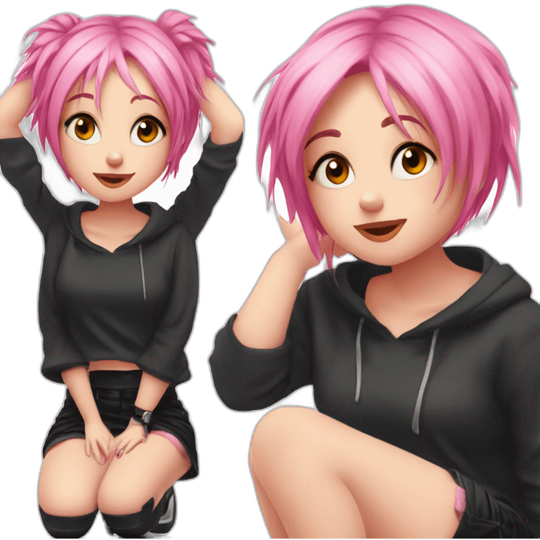 Full body Front view curvy emo girl pink hair sits on the floor straight view hands up black skirt белые трусики полосатые рваные чулки emoji