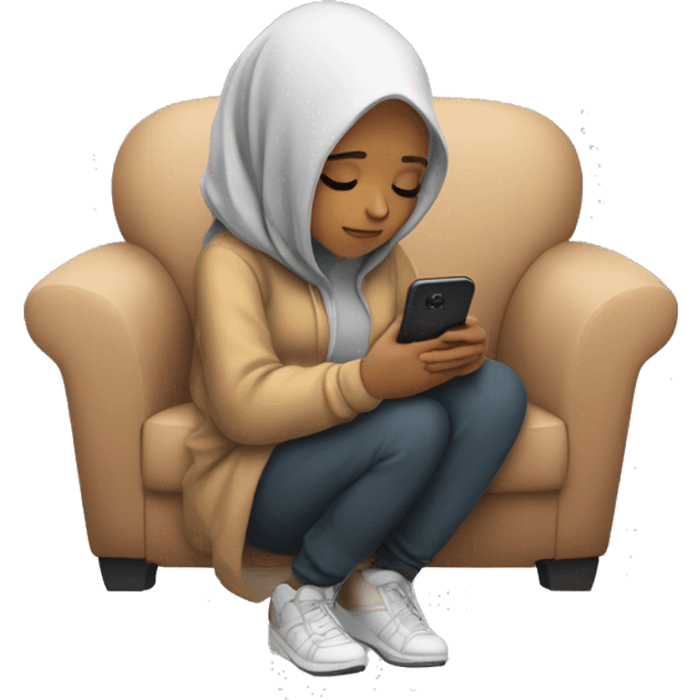 Hijabi-wearing-hoodie-sleeping-on-couch-with-phone emoji