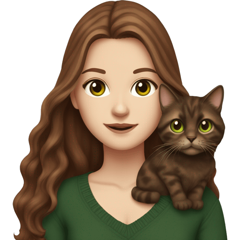 White girl with green eyes and brown long wavy hair holding a tortoiseshell cat and wearing a dark red sweater with dark jeans emoji