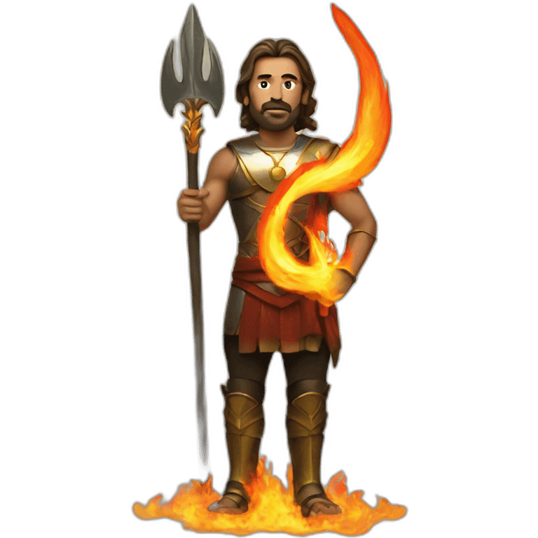 Man standing with a trident surrounded by fire emoji