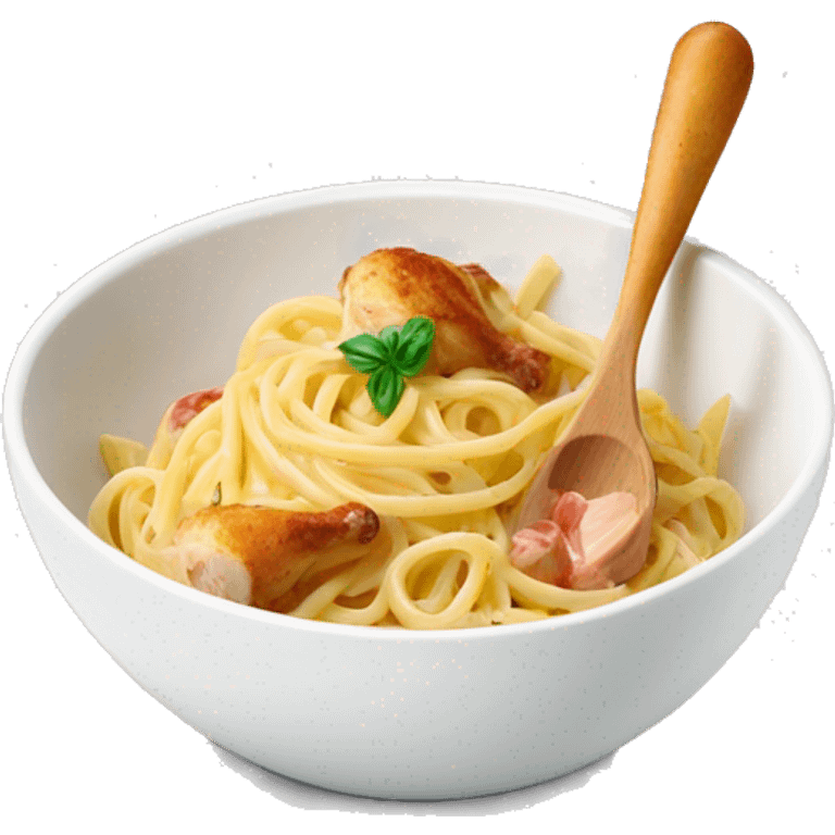 bowl of pasta carbonara with a chicken drumstick as a spoon, white background emoji