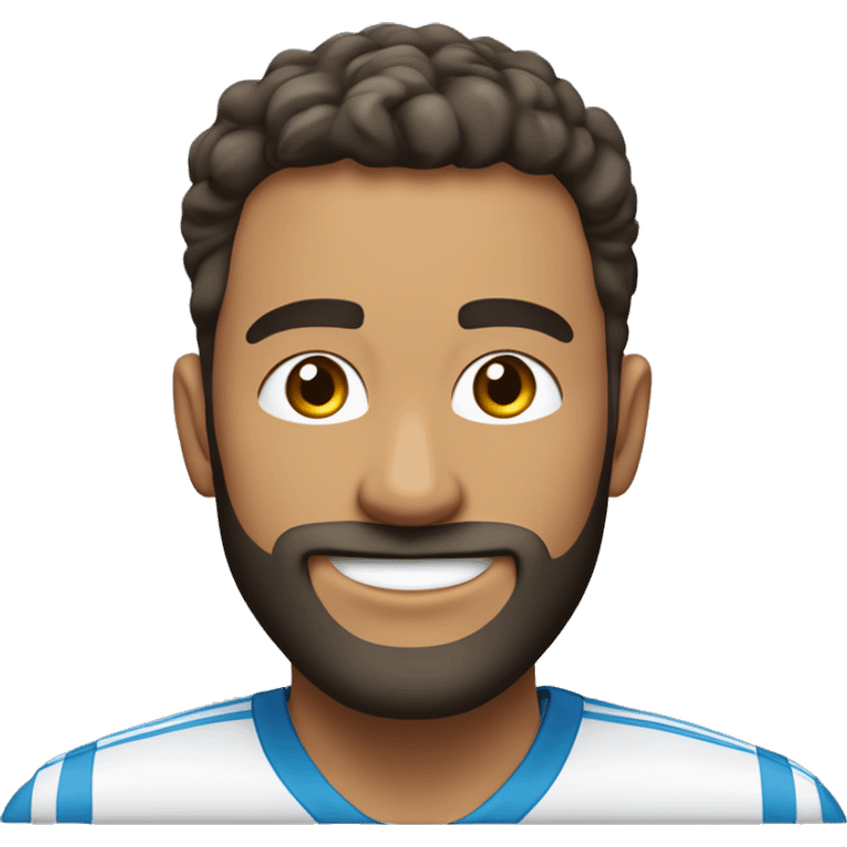 Un homme athlétique au visage rond, avec un beau sourire et une barbe courte et clairsemée, portant un uniforme formel. emoji