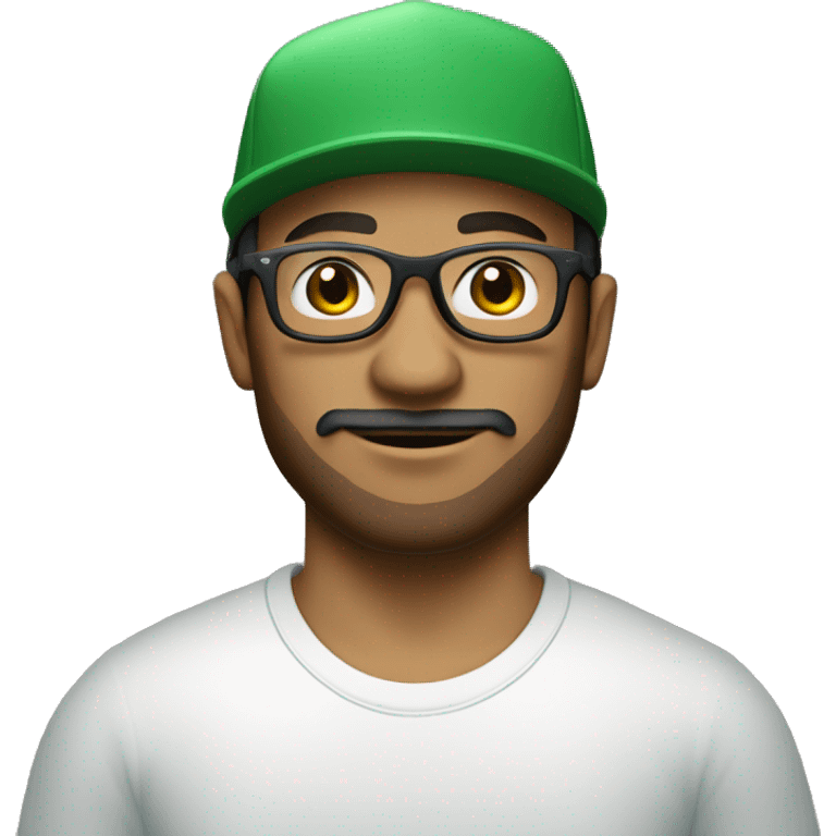 CCreate a young mixed-race man with a beard and moustache wearing an all-green cap and a white T-shirt. Add the supreme brand logo on the cap, brown eyes and a pair of sunglasses with blue glasses. emoji