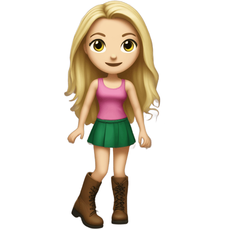 Realistic White girl with Long straight blonde hair, green eyes, tattoos, full body wearing pink dress and Brown knee-high leather boots, dancing emoji